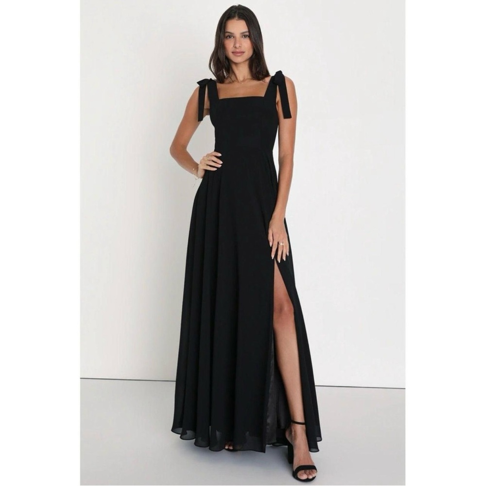 Lulu Love Me Forever Black Tie Strap Square Neck Maxi Dress